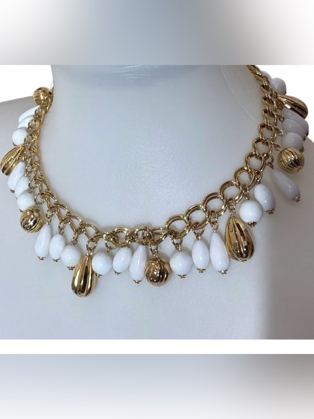 Vintage White and Gold Tone Dangle Charm Necklace Mid Century Glam
